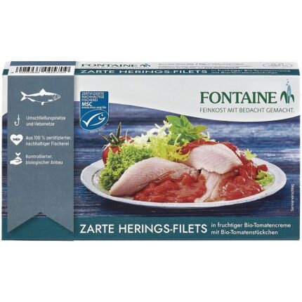 File de hering in sos bio de tomate cu bucati de tomate 200g Fontaine