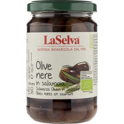 Masline negre bio cu samburi, in saramura 310g LaSelva