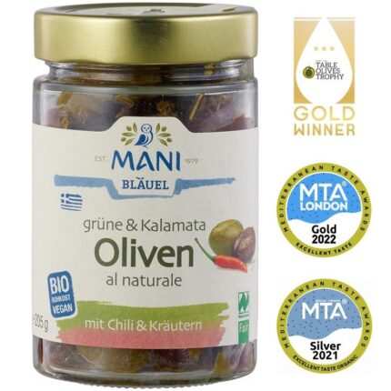 Masline verzi si Kalamata in ulei cu lamaie si oregano bio, raw vegan 280g Mani Blauel Organic