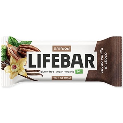 Baton cu cacao si vanilie in ciocolata bio raw vegan, fara gluten, fara zahar 40g Lifebar