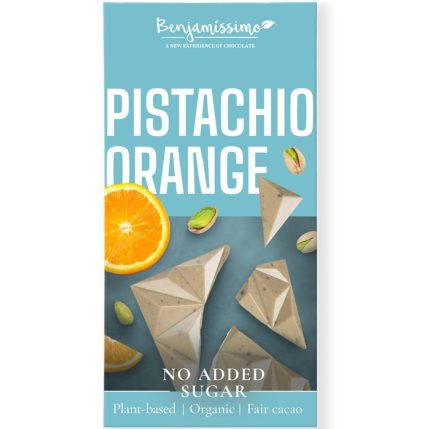 Ciocolata alba cu fistic si portocale bio, fara zahar 60g Benjamissimo