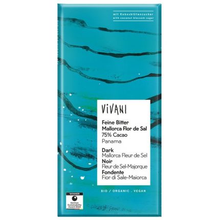 Ciocolata amaruie cu 75% cacao si flori de sare bio 80g Vivani