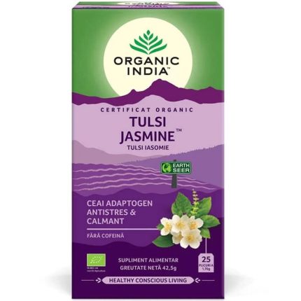 Ceai bio calmant Tulsi (busuioc sfant) si iasomie 25 plicuri Organic India