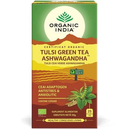 Ceai antistres cu Tulsi, Ceai Verde si Ashwagandha 25 plicuri Organic India