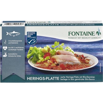 File de hering in sos bio usor picant cu legume 200g Fontaine